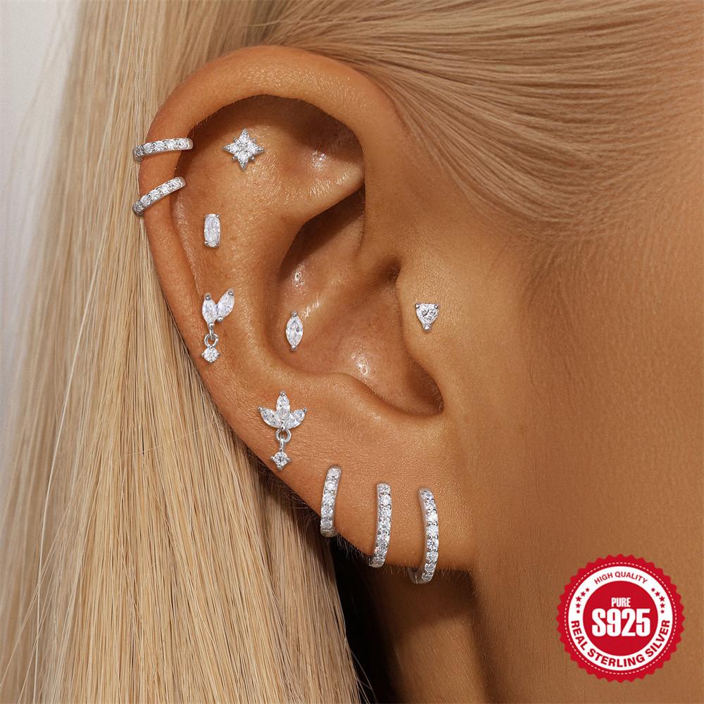 Simple Petal Moissanite S925 Silver Thread Cartilage Earring 16G Helix Stud Fashion