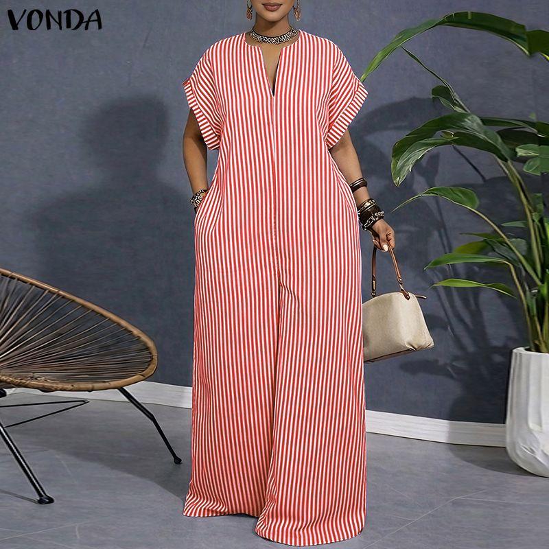 VONDA Summer Women V Neck Long Sleeve Striped Thin Casual Long Wide Leg Jumpsuit Rompers For Tall