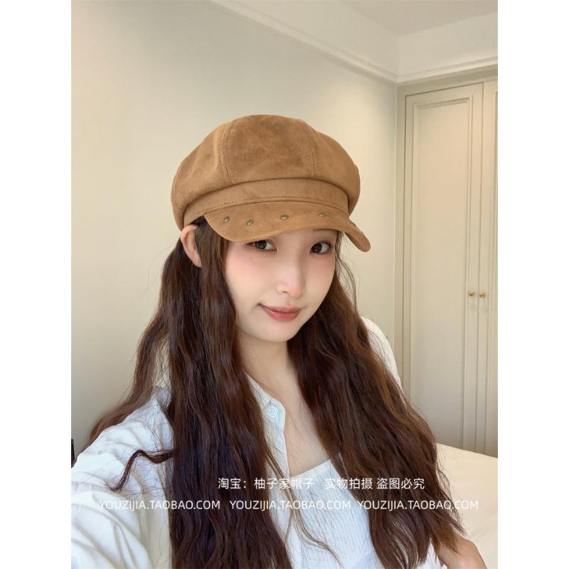 Women S Suede Rivet Metal Fashion Octagonal Hat For Large Head Circumference