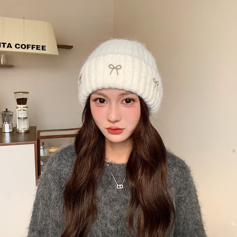 Korean Large Head Circumference Woolen Hat Winter Warm Hat Women's Bow Sweet Ear Protection Cold Pullover Knitted Hat