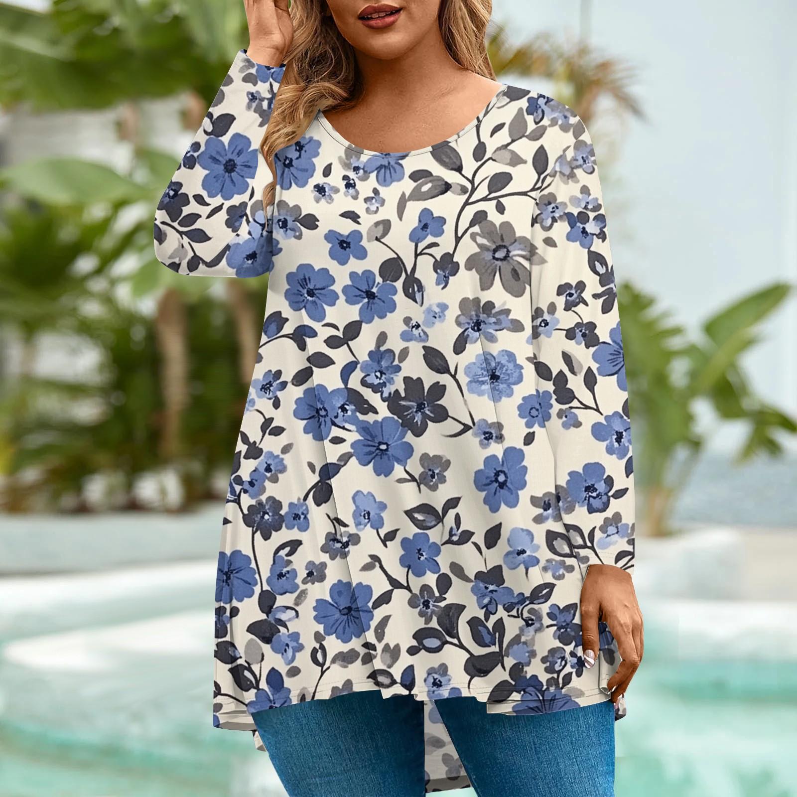 

Women s Fashion Large Size Round Neck Long Sleeve Casual Print Loose Pullover Top L
