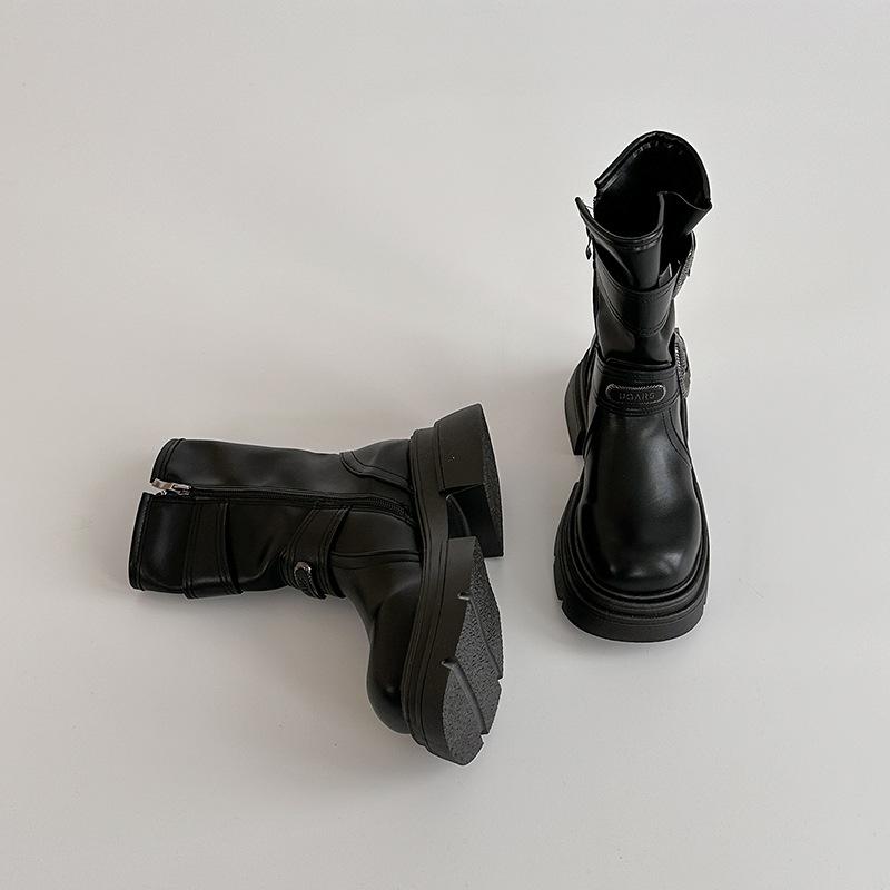 

Retro polished leather boots Western cowboy boots Autumn and winter new metal buckle medium boots Women s British Martin boots tide 35 чёрный