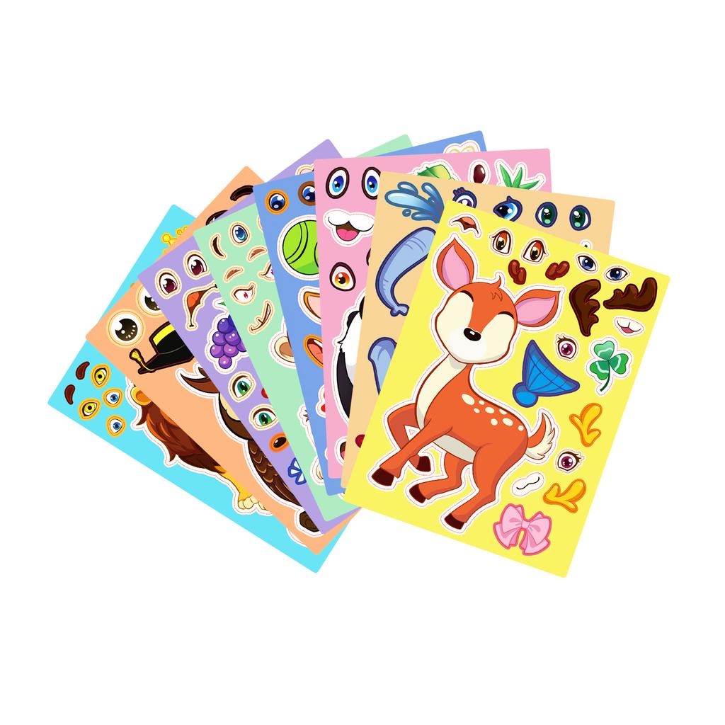 8 Pictures/set of Animal Face Change Stickers Cartoon Cute Children Reward Puzzle DIY Creative Early Education Puzzle Stickers