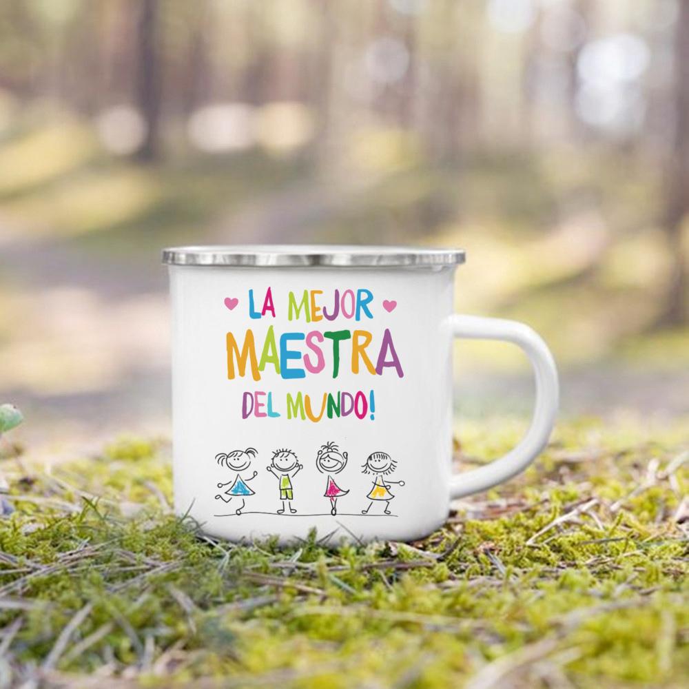 Best Teacher in The World Spanish Printed Mug Creative Coffee Cups Drinks Enamel Cup Vintage Handle Drinkware Gifts for Teacher