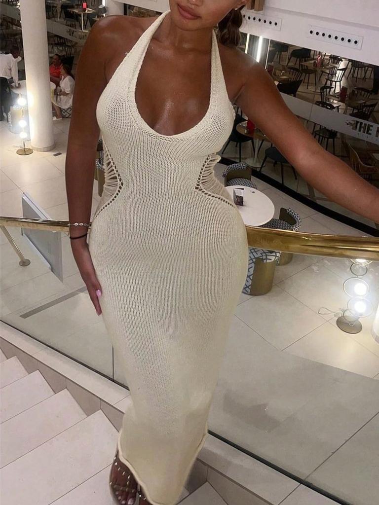 Rose Beauty A Sexy V-Neck Hollow Out Waist Tie Backless Knitted Halter Party Clubwear Bodycon Sweater Long Dress