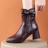 Women's Fleece Lined Mid Calf Boots Winter Warm Pointed Toe Bow Decor Side Zipper Chunky Heel Embossed Pattern Dress Boots