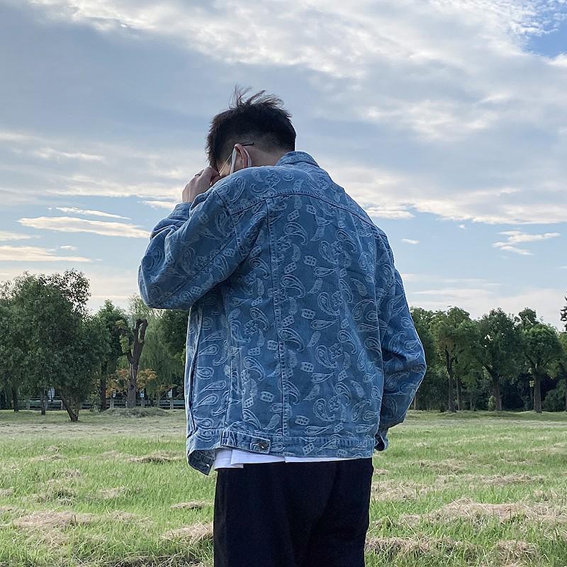 Men's Trendy Cashew Flower Denim Jacket: European & American Street Style, Plus Size, Korean Fashion, Workwear Top for Spring & Autumn.