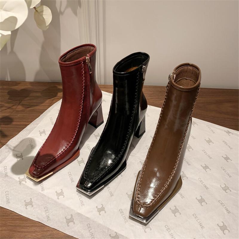 Fashion New Autumn Split Leather Knight Boots Square Toe Chunky Heel Boots for Women Winter Short Boots Concise Women Boots High Heels