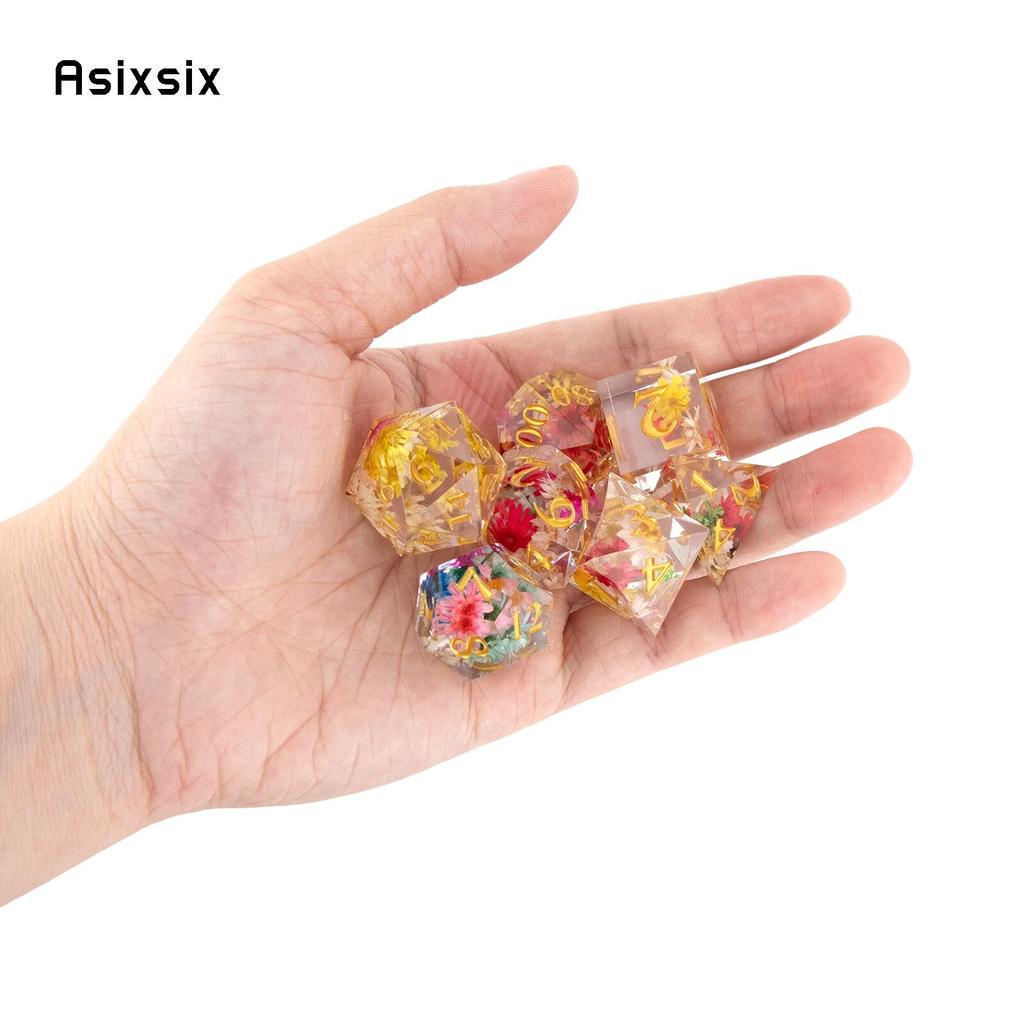 7 Pcs Flower Resin Golden Number Sharp Edge Dice Polyhedral Dice Suitable for Role-Playing RPG    Board Game