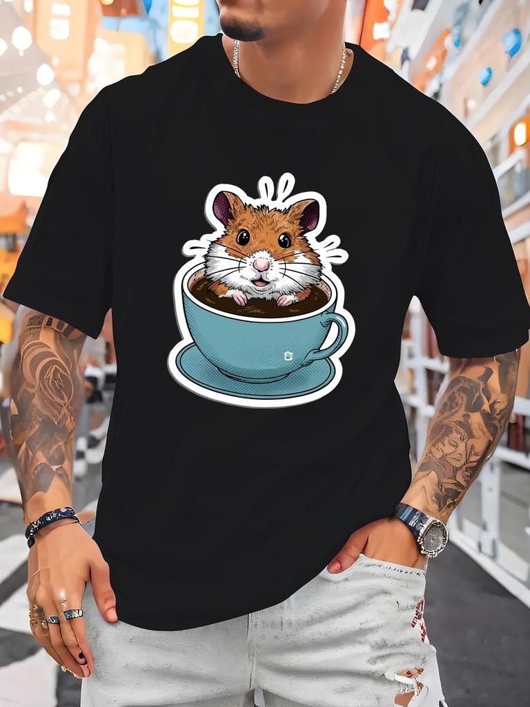 Cute Hamster In Coffee Cup Unisexs Crew Neck T Shirt Cartoon Pet Animal Coffee Lover Graphic Short Sleeve Casual Street Tops