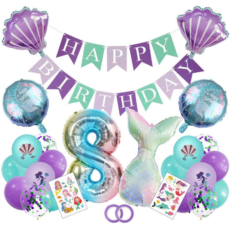 Fashionable Mermaid-themed Children's First Birthday Party Decoration Mermaid-printed Latex Banner Sticker Set