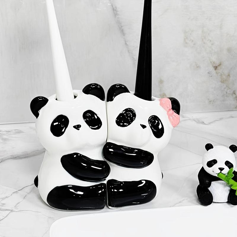 2 Cute Panda Toilet Toothbrush Holder, High Temperature Fired Ceramic Ultra Smooth ,No Drill Manual Toothbrush Stand Storage Rack for Couples