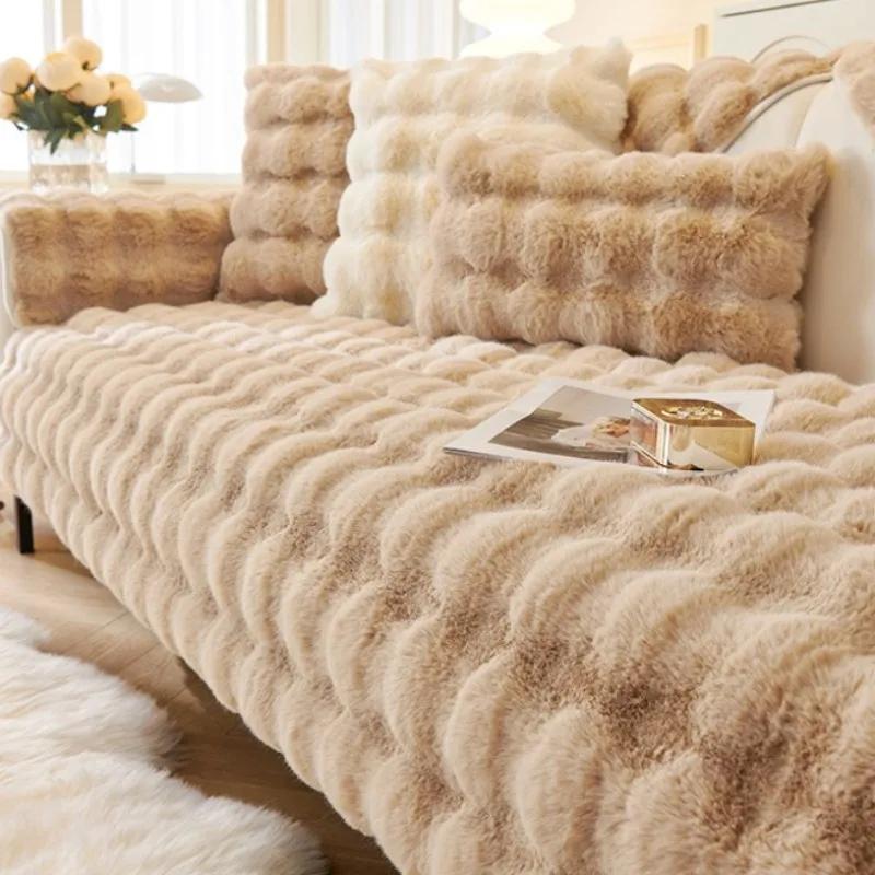 Luxury Faux Fur Plush Sofa Cover Winter Warm Bubble Shaped Couch Towel Cushion Super Soft Fluffy Velvet Slipcovers Home Decor