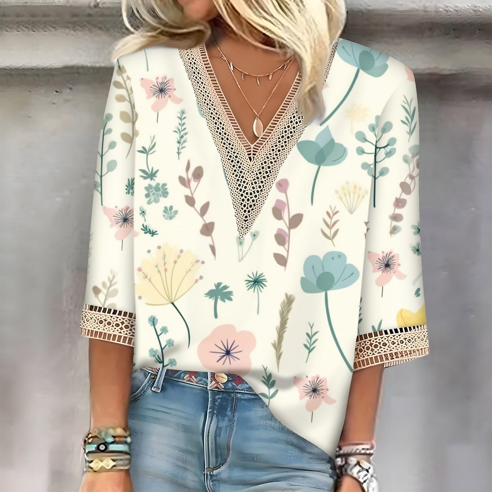 

Женская модная футболка с v-образным вырезом и рукавом три четверти с цветочным принтом, повседневный топ L