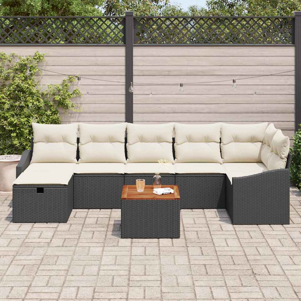 8 Piece Garden Sofa Set with Cushions Black Poly Rattan