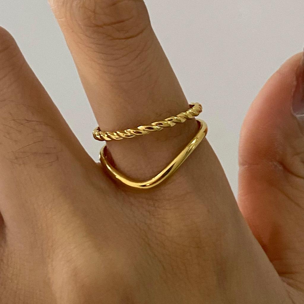 Yori 2pcs Double Layer Hollow Out Fried Dough Twists Pattern Overlay Ring Hypoallergenic Texture Geometric Minimalist Jewelry Gi