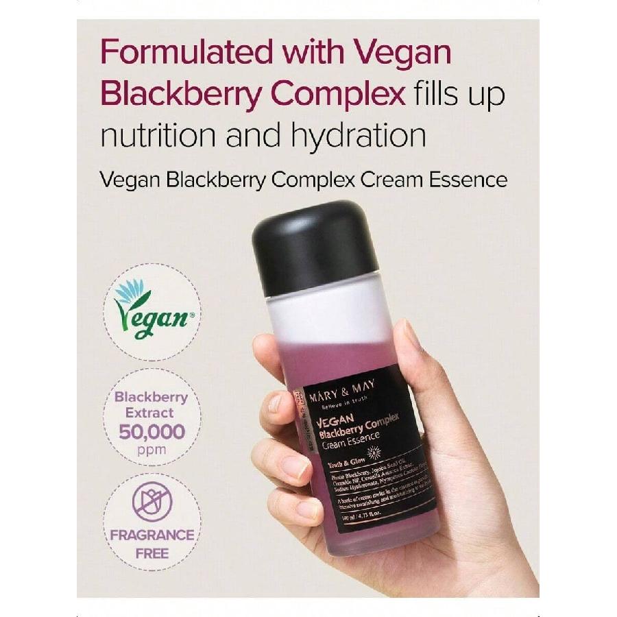 Mary&May Vegan Blackberry Complex Cream Essence 140ml - Intense Hydrating & Soothing Face Essence - Fragrance-Free, Hypoallergenic, Deep Moisture