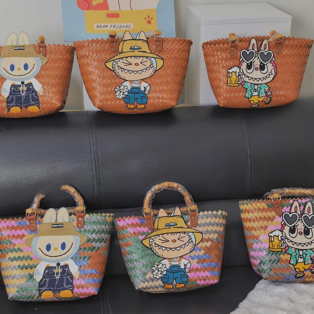 Labubu Summer new style net red woven basket bag shoulder handbag women's bag cute pull cloth cartoon rattan bag CLE