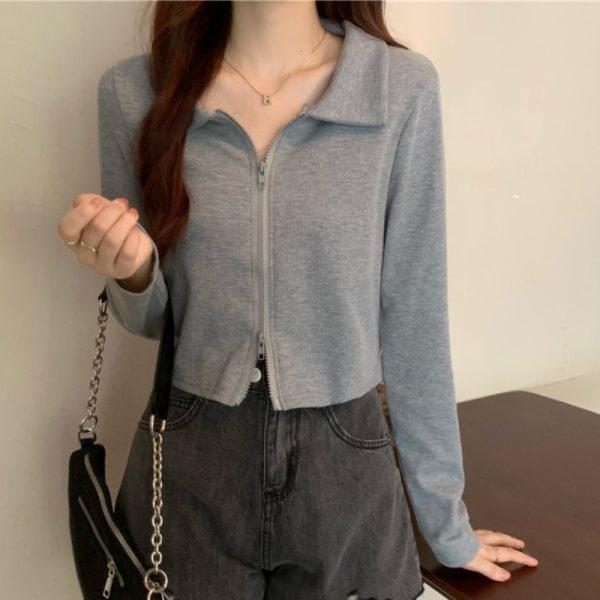 New Autumn Polo Collar Double Zipper Cardigan Long-sleeved T-shirt for Women's Design Short Cucumber Top
