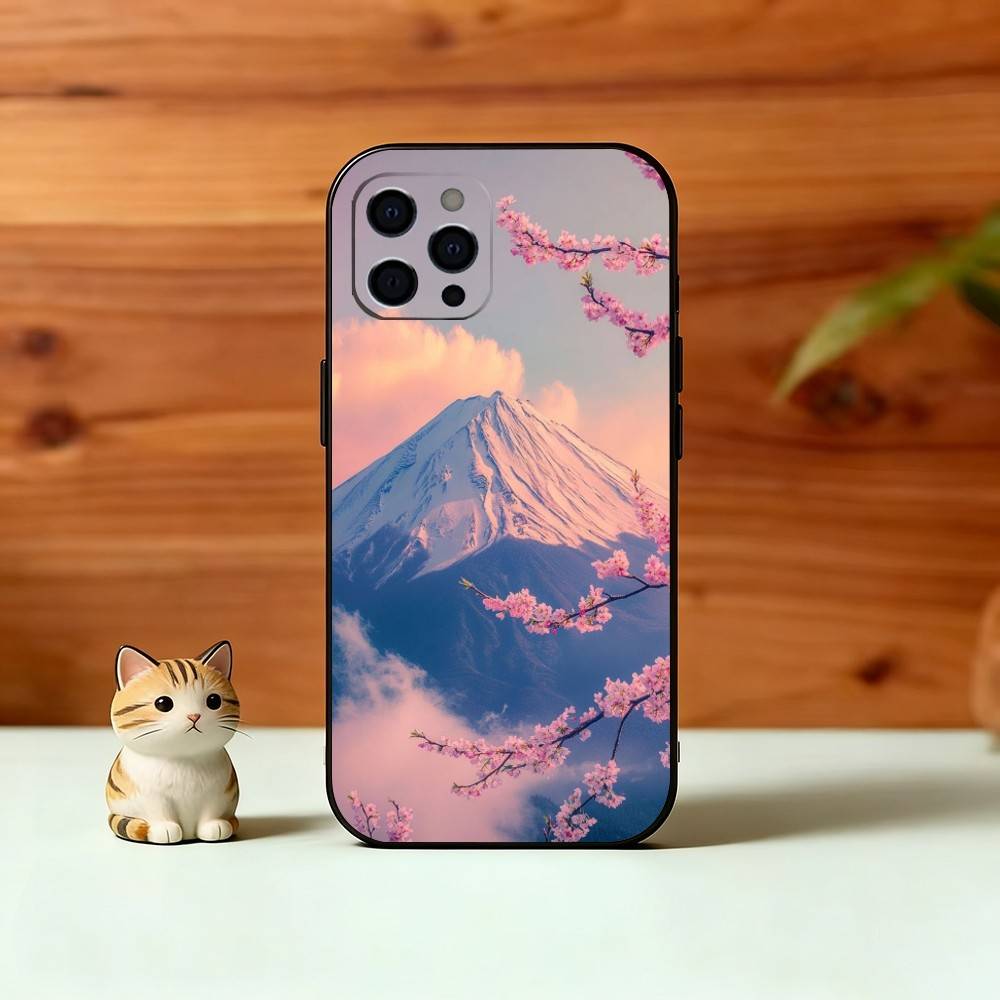 Dreamy Mount Fuji Phone Case For iPhone 17,16,15,14,13,12,11 Plus,Pro Max,XS,Soft Silicone Black Cover