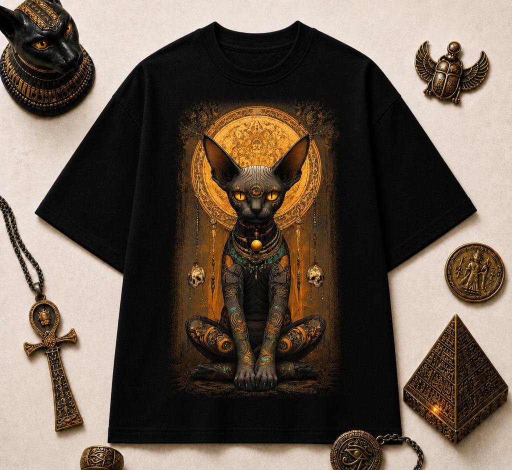 Egyptian Sphynx Cat T-Shirt – Mystic Bastet Goddess Gold Aura Gothic Graphic Tee
