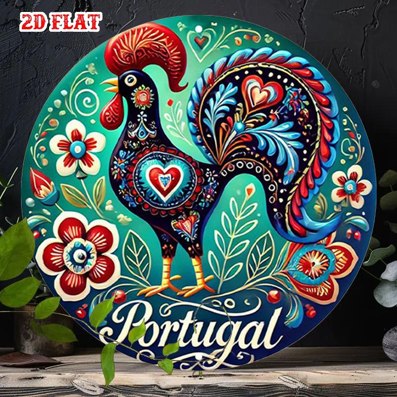 Portugalský kohout z Barcelos Květinový Kulatý D Plochý kovový znak