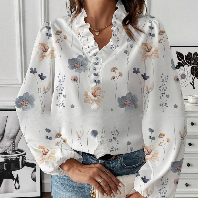 Móda Vintage Květinová Volná Košile s Dlouhým Rukávem Dámská Volánkový V-výstřih Potisk Ležérní Halenky pro Ženy Elegantní Slim Fit Jednoduché Košile pro Kancelářské Dámy 26502