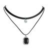 Women's Double-Layer Black Leather Choker Necklace with Crystal Pendant - Mori Style