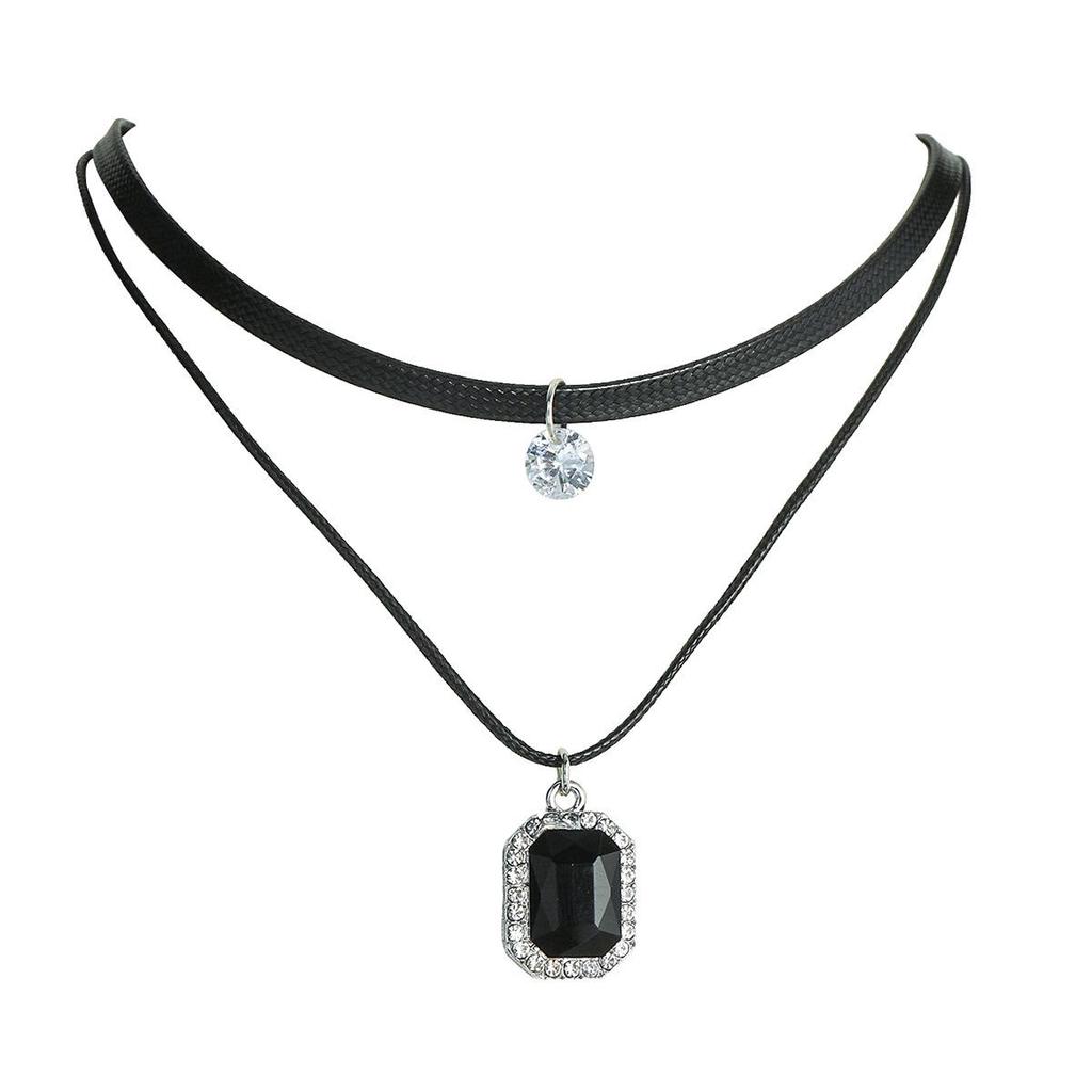 Women's Double-Layer Black Leather Choker Necklace with Crystal Pendant - Mori Style