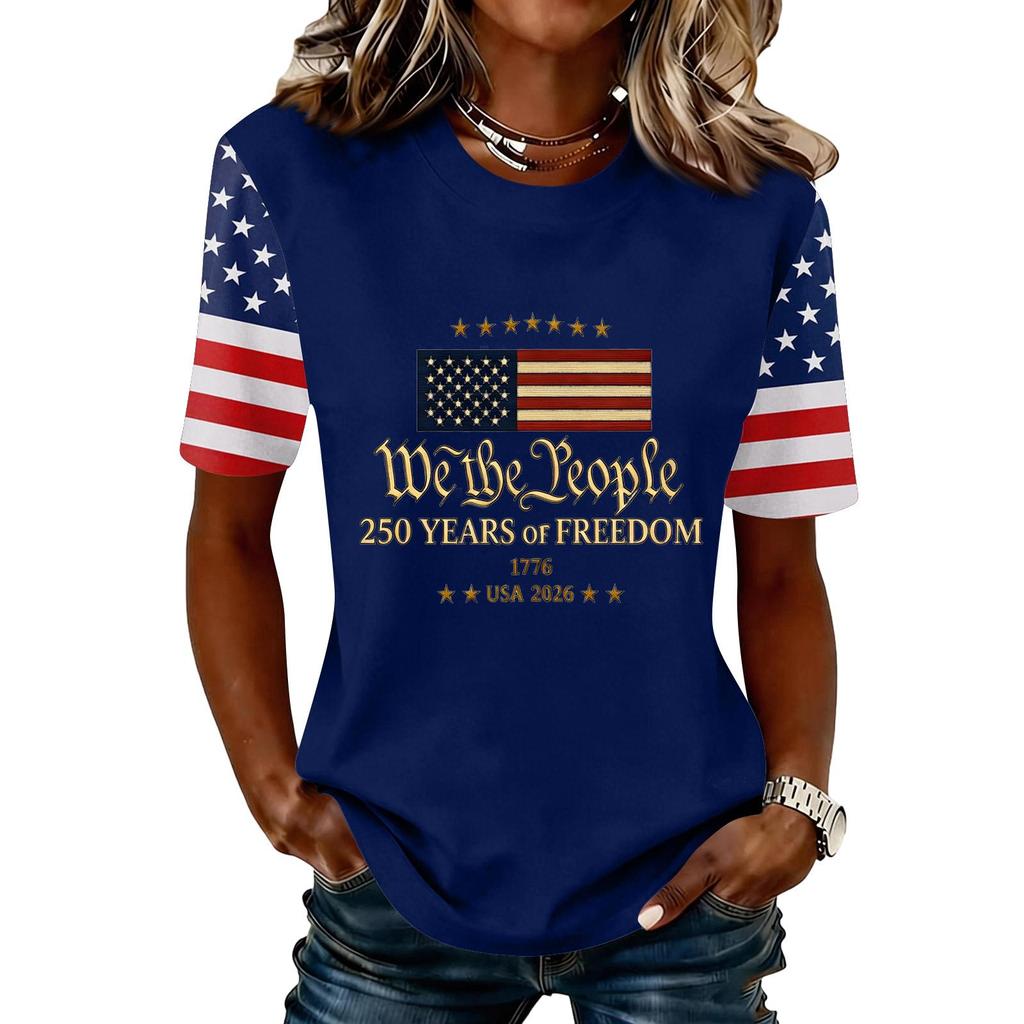 Blusa Feminina da Moda Casual de Manga Curta com Estampa e Gola Redonda