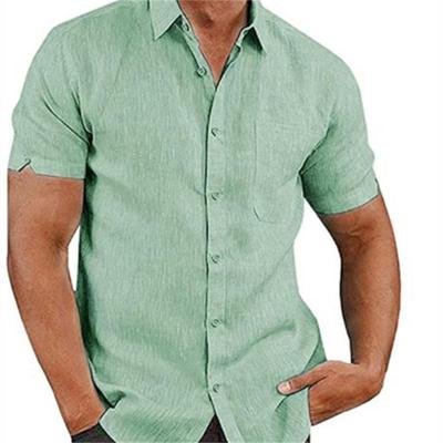 Camicia in lino di cotone da uomo con bottoni a manica corta in tinta unita estiva