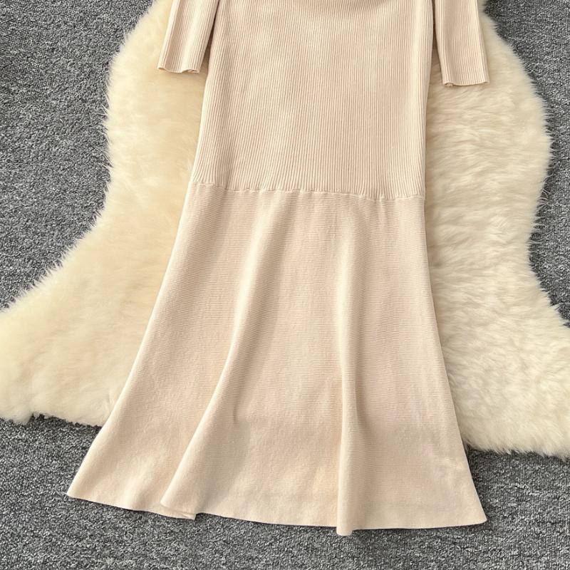 Autumn Winter Women Elegant Turtleneck Full Sleeve Knitted Pullover Sweater Long Maxi Party Mermaid Dresses