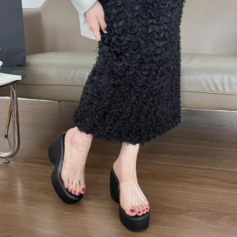 Fashion Fashion Transparent Belt Wedge Platform Slippers Women's Summer Wear Heightened Round-toe Platform Non-slip High Heels