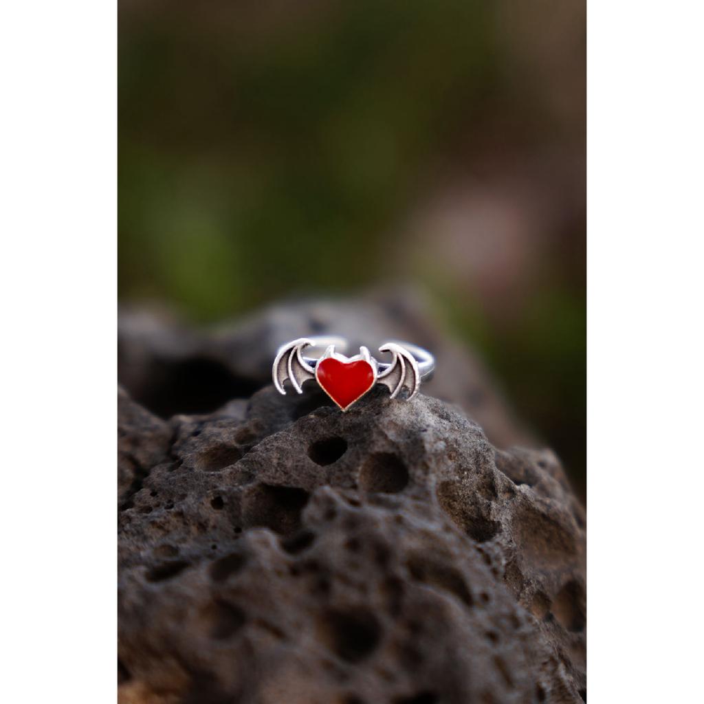 Gothic Heart Heart Decor Double Wing Unisex Adjustable Ring