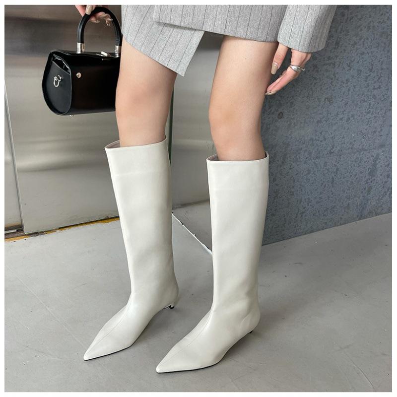 2025 Spring and Autumn New Fashion Versatile Simple Fashion Wide Boots Korean version of pointed toe sleeve high boots soft leather