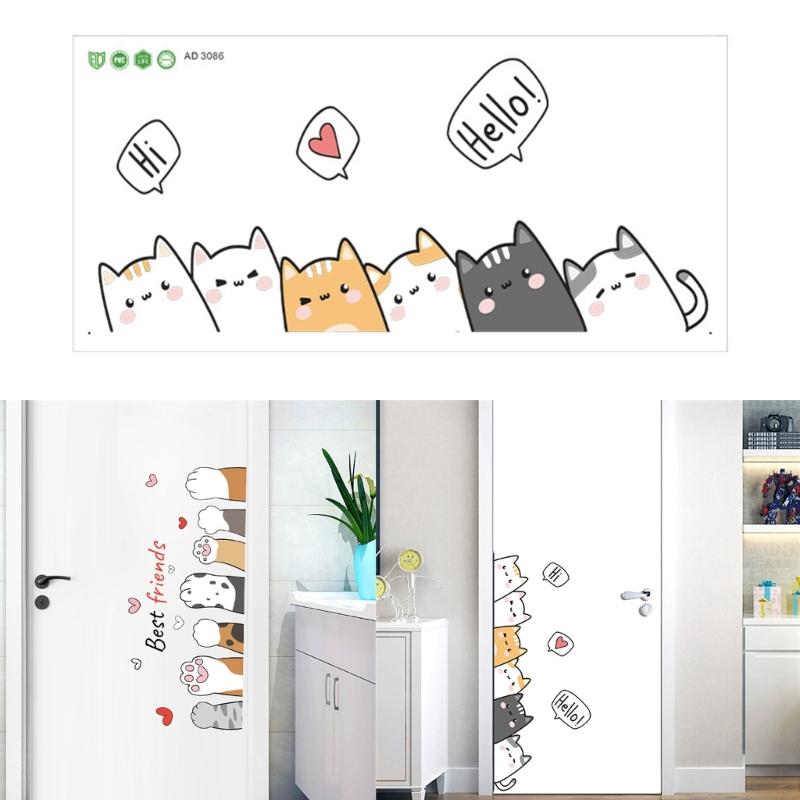Cartoon Kitten Stacking Door Sticker for Kids Room Nursery Decors Easy to Apply Removable PVC Decal Wall Decoration