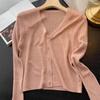 Summer Thin Ice Silk Cardigan for Women Long Sleeve V Neck Button Up Knit Cropped Top Outdoor Travel Ribbed Coat