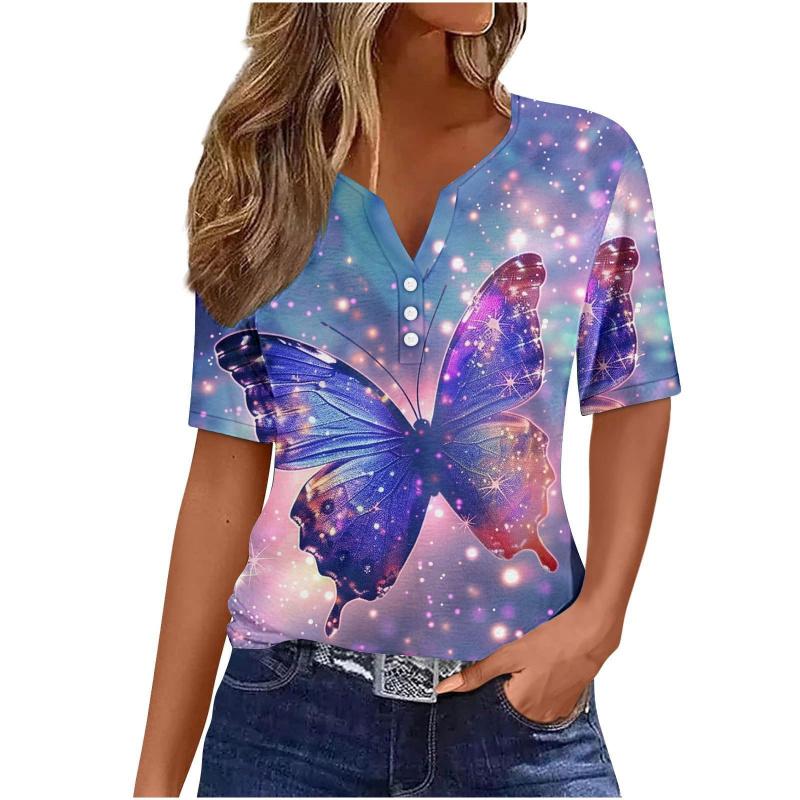 Summer Fashion 2026 New Women's Clothing 3D Butterfly Print V-Neck Three-Button Short Sleeve T-Shirt