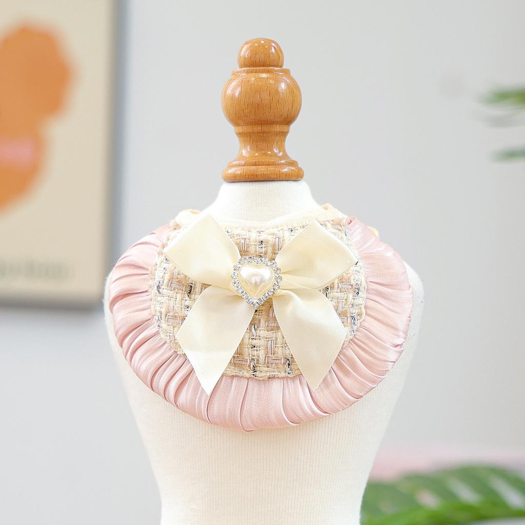 Luxury Tweed Cat Dress Bow Hair Clip + Pearl Necklace + Layer Tulle Skirt Outfit, Elegant Princess Pet Clothes for Dogs Cats