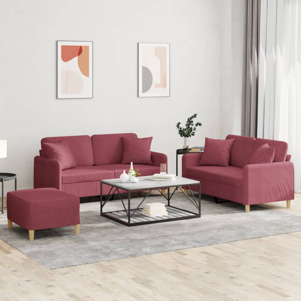 3 Piece Sofa Set with Cushions Wine Red Fabric