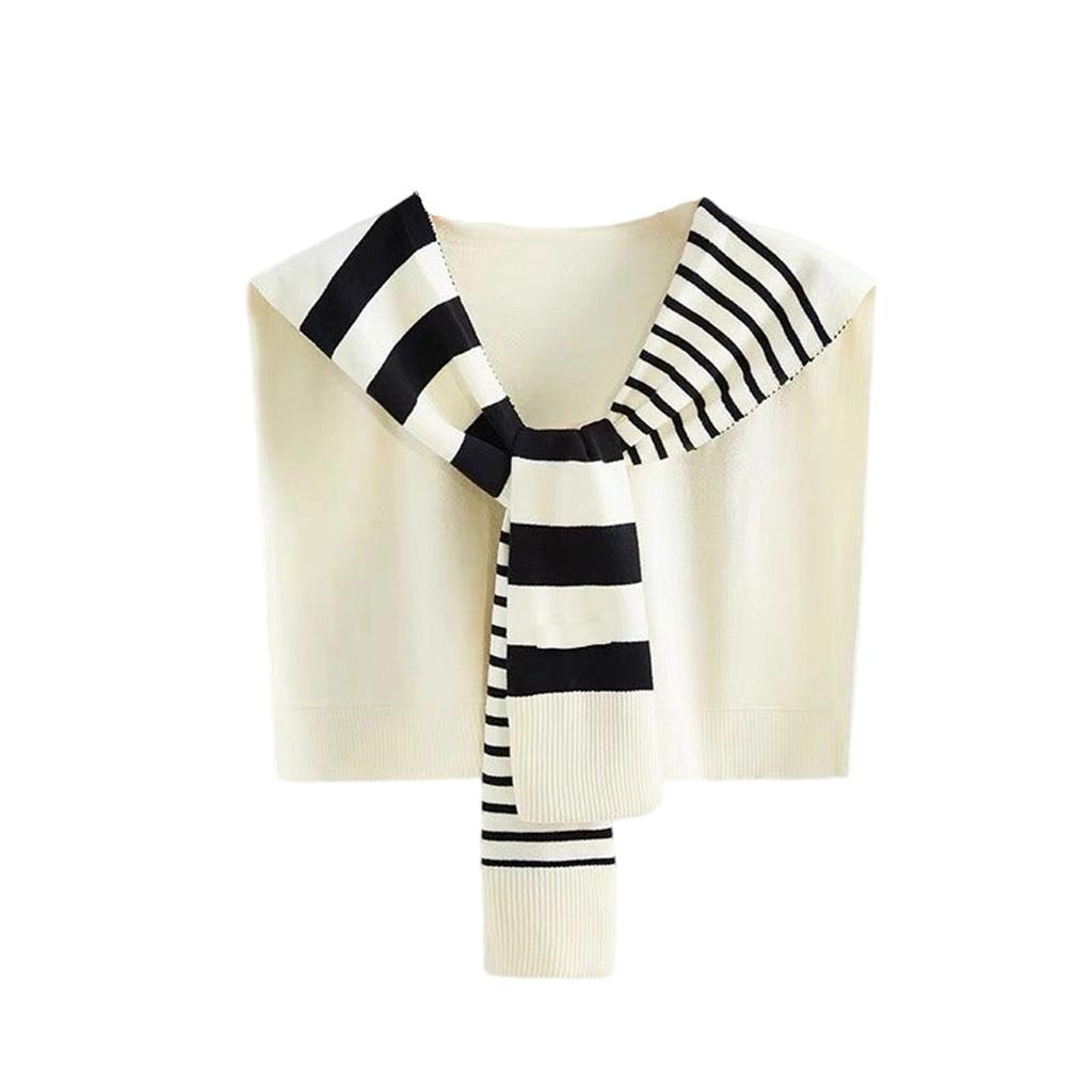 Ladies' Fashionable Shirt Draped Over A Shawl, Paired With A Striped Knitted Scarf