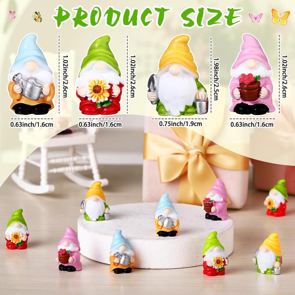 40 Pcs Spring Mini Gnomes Figurine Miniature Spring Gnome Resin Statues Flowers Sunflower Mini Resin Gnomes Table Decor for Summer Tiny Elf Indoor