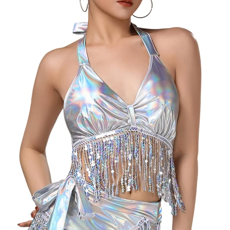 Professional Dance Costume Top Elastic Fabric Glittering Fringe Sequins For Performances And Practice Use