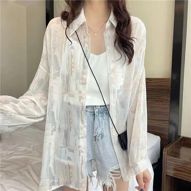 Summer Women s Sheer Striped Button Down Shirt Long Sleeve Casual Top L