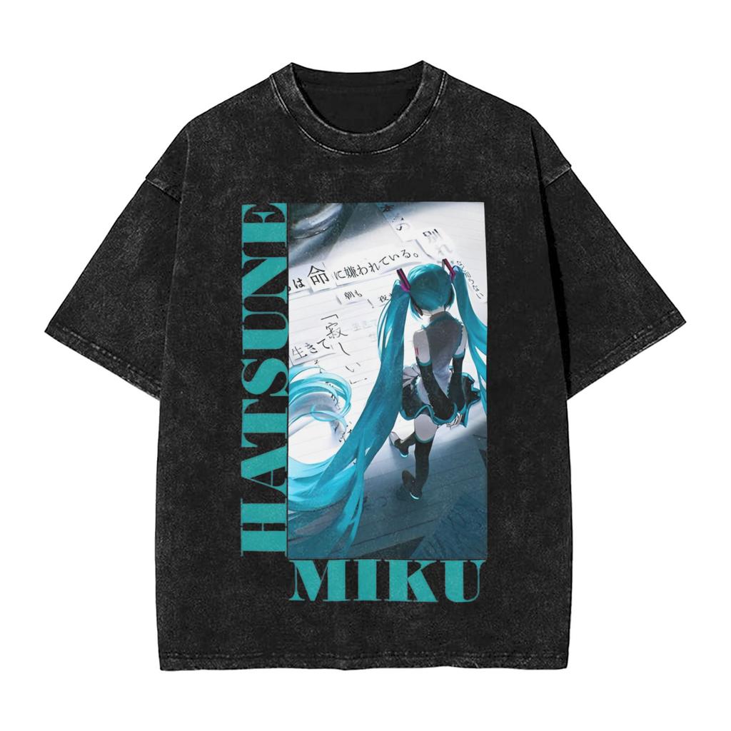 2026 Hot Sale Summer Japanese Anime Hatsune Miku Vintage Washed T Shirt Men Women Oversized Streetwear Graphic Tees Casual Cotton Tops Short Sleeve