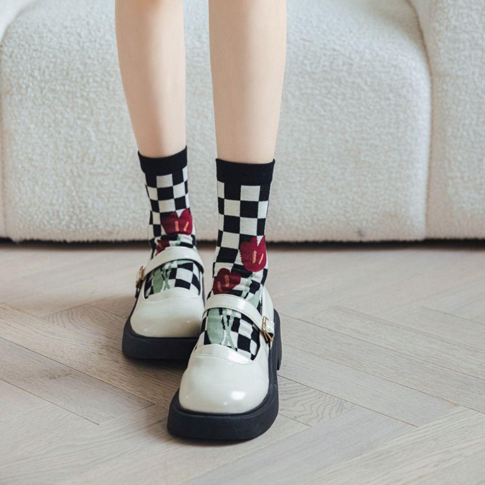 Flower Split Toe Short Socks Stripe Grid Toe Separator Socks Elastic Toe Mid-calf Socks  Women