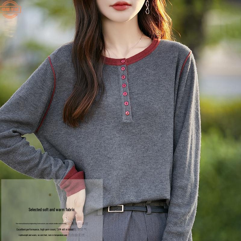 Stylish Women's Color Block Knit Sweater - Round Neck, Long Sleeve, Age-Reducing, Casual Top