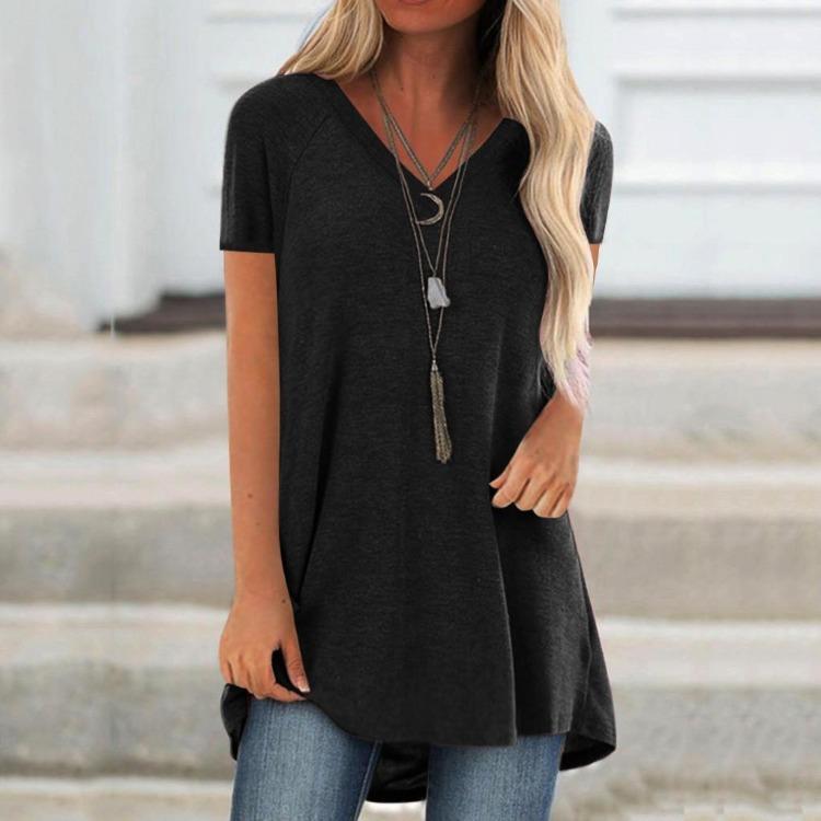 Übergröße Damenmode V-Ausschnitt Ramidos Print Kurzarm Langes T-Shirt Bluse