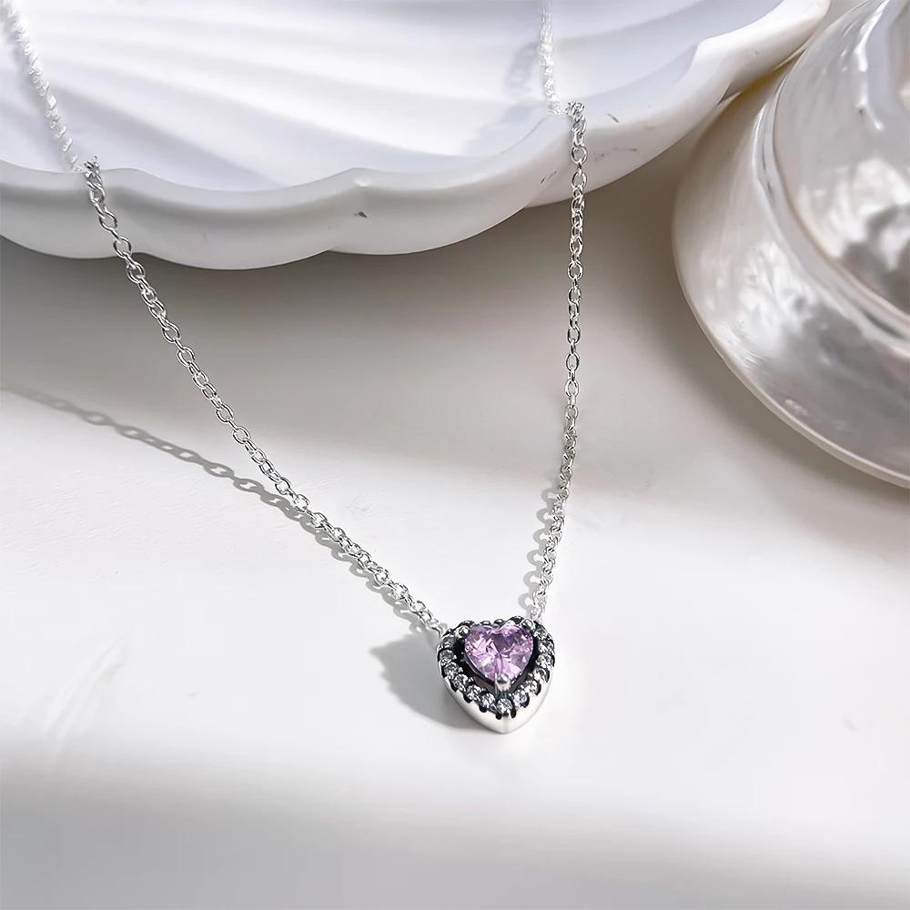 925 Silver Heart-Shaped Shiny Zircon Elevated Red&Pink&Blue&White Heart Necklace Lover's Gift Fine Jewelry for Women