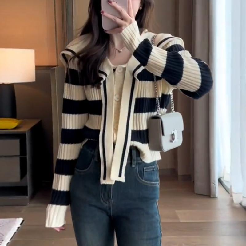 Cardigan Autumn Collar Striped Sweater Knit Women 2023 Casual Long Sleeve Women Knitted Cardigan Long Sleeve Sweater Female Top